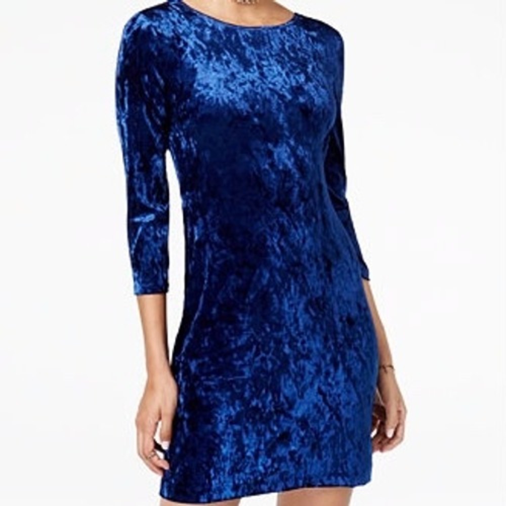 Teeze Me Crushed Velvet Cutout Twist‎ Back Long Sleeve Mini Dress Blue Size M